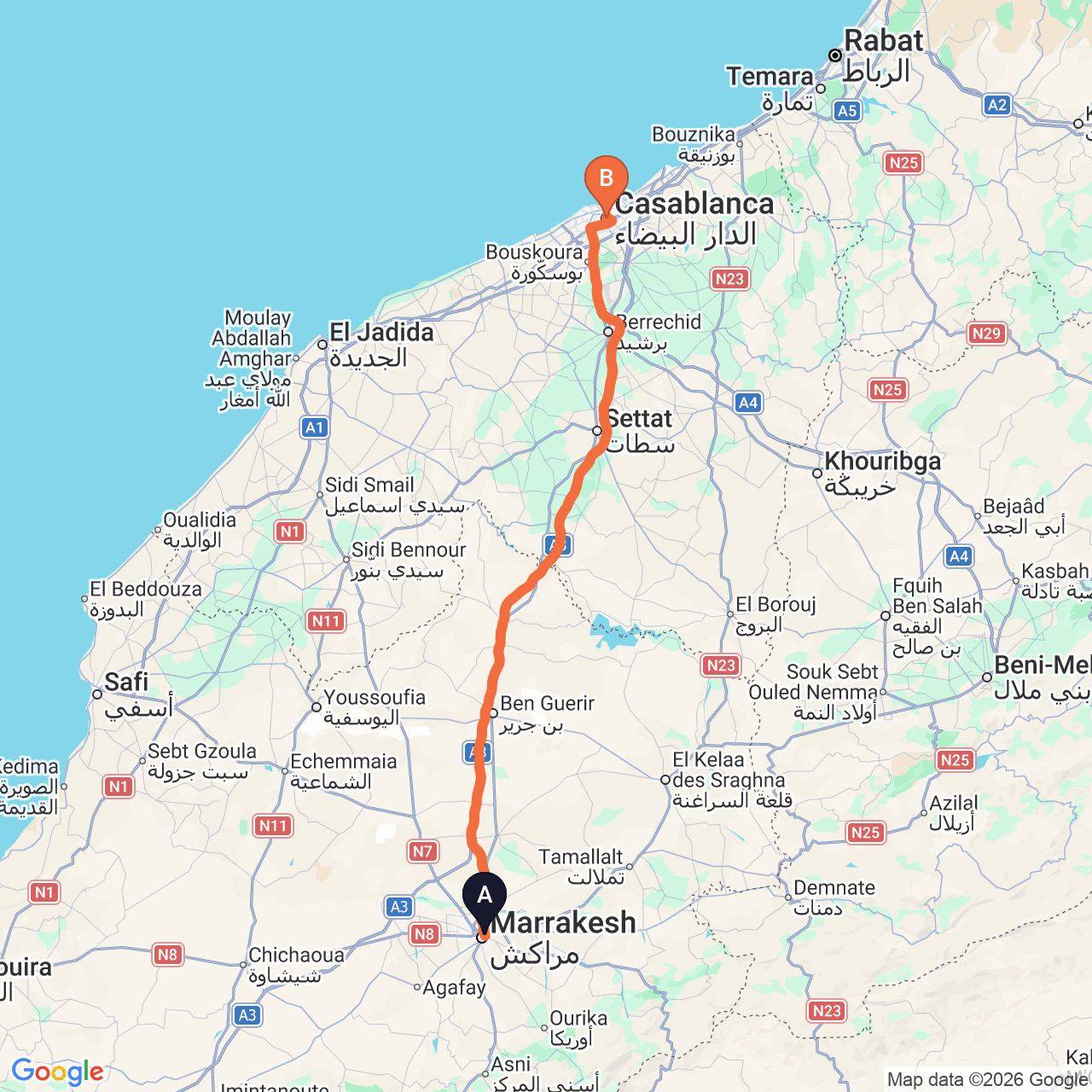 Driving route map from Marrakech to Casablanca City
