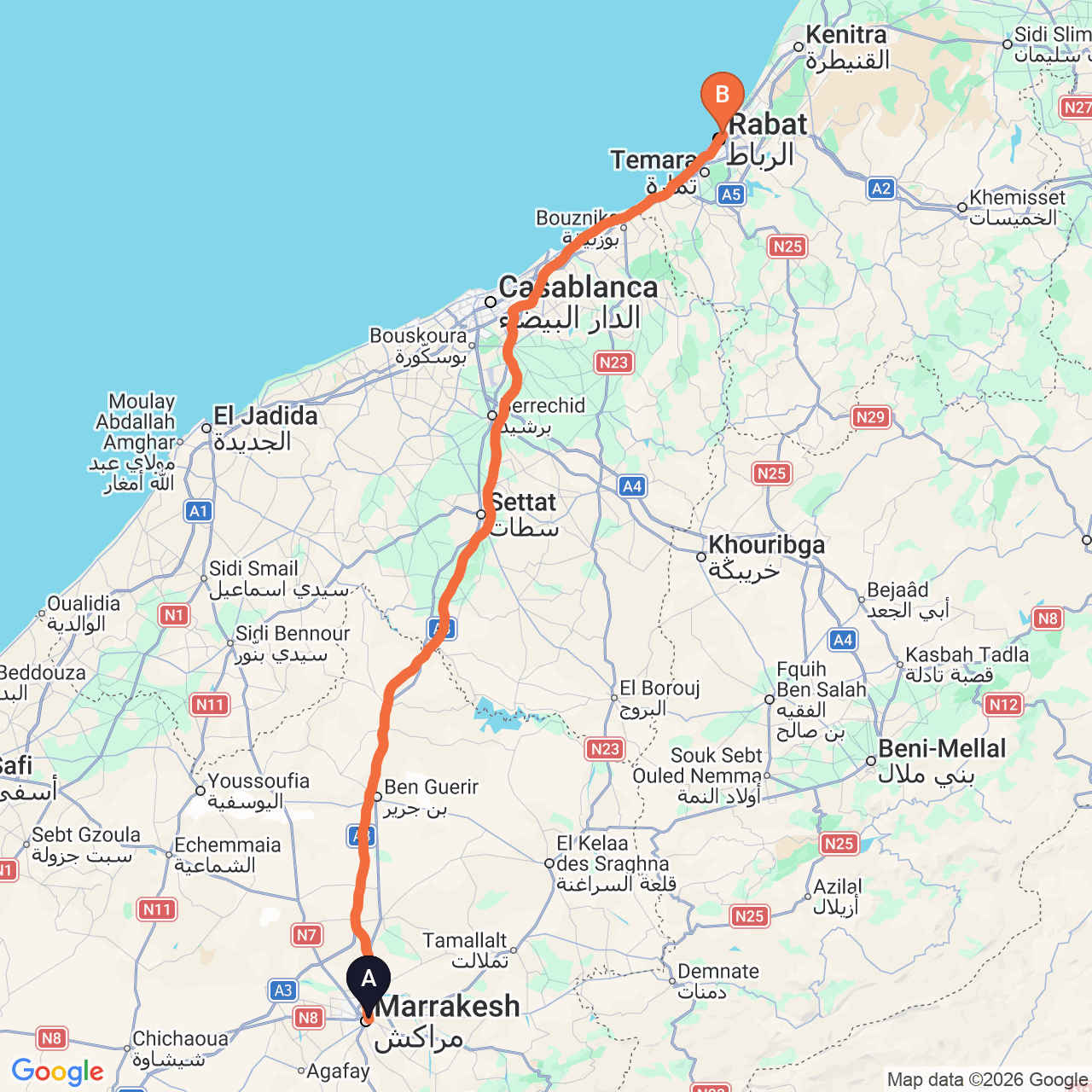 Driving route map from Marrakech to Rabat