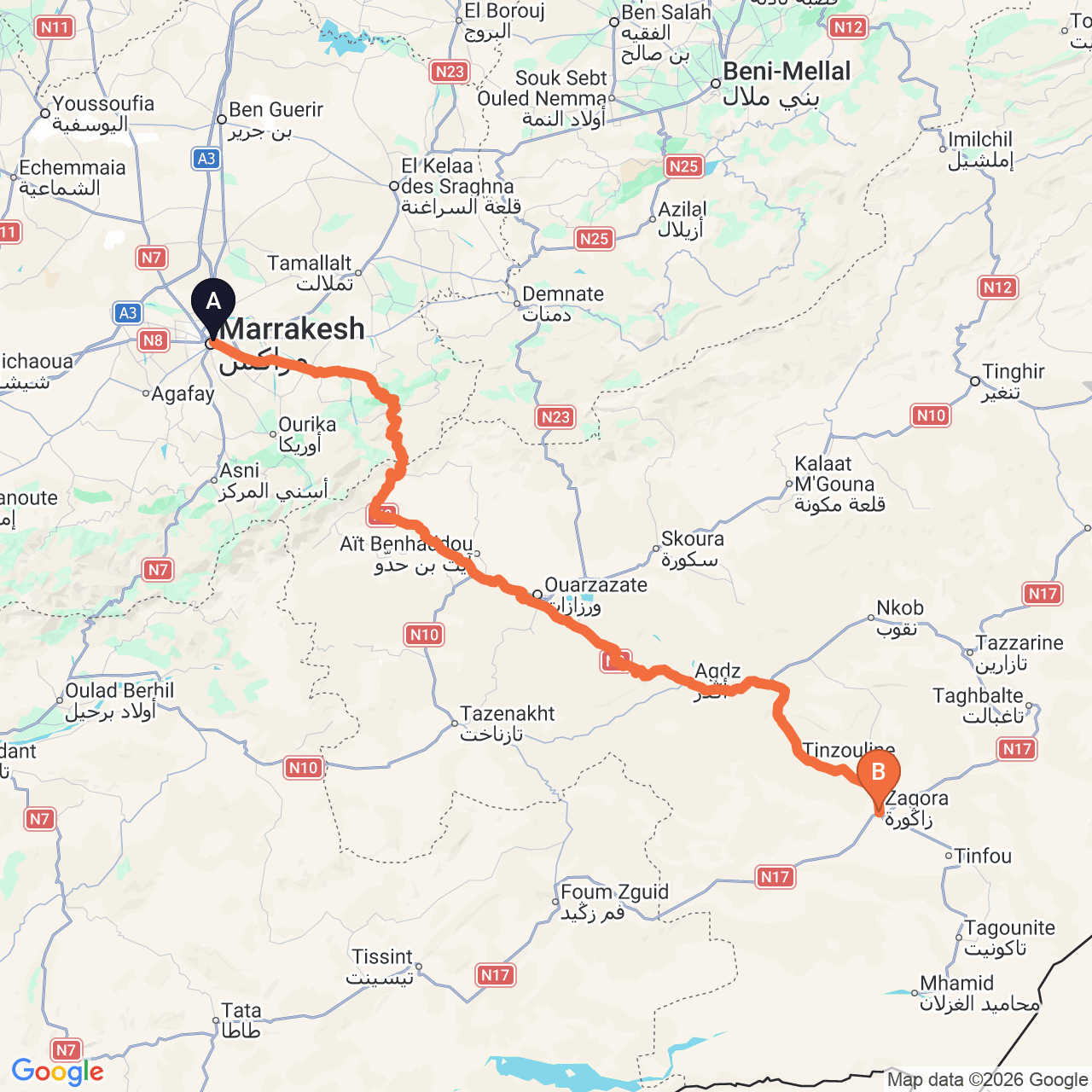 Driving route map from Marrakech to Zagora