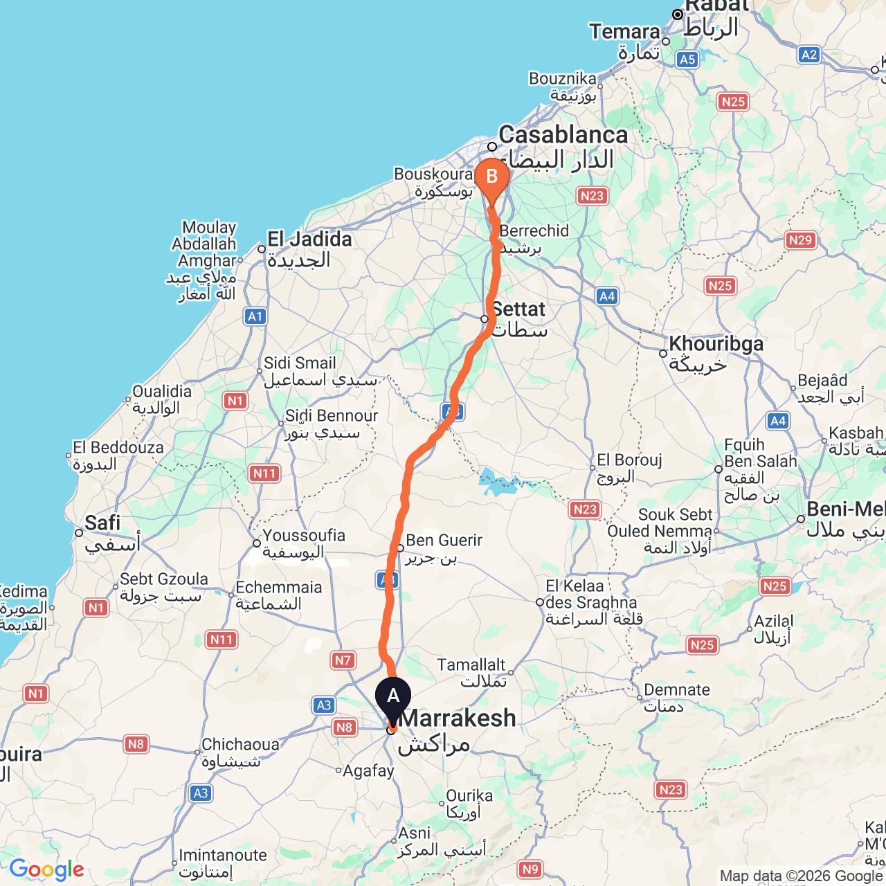 Mapa de la ruta por carretera de Marrakech a Casablanca Airport