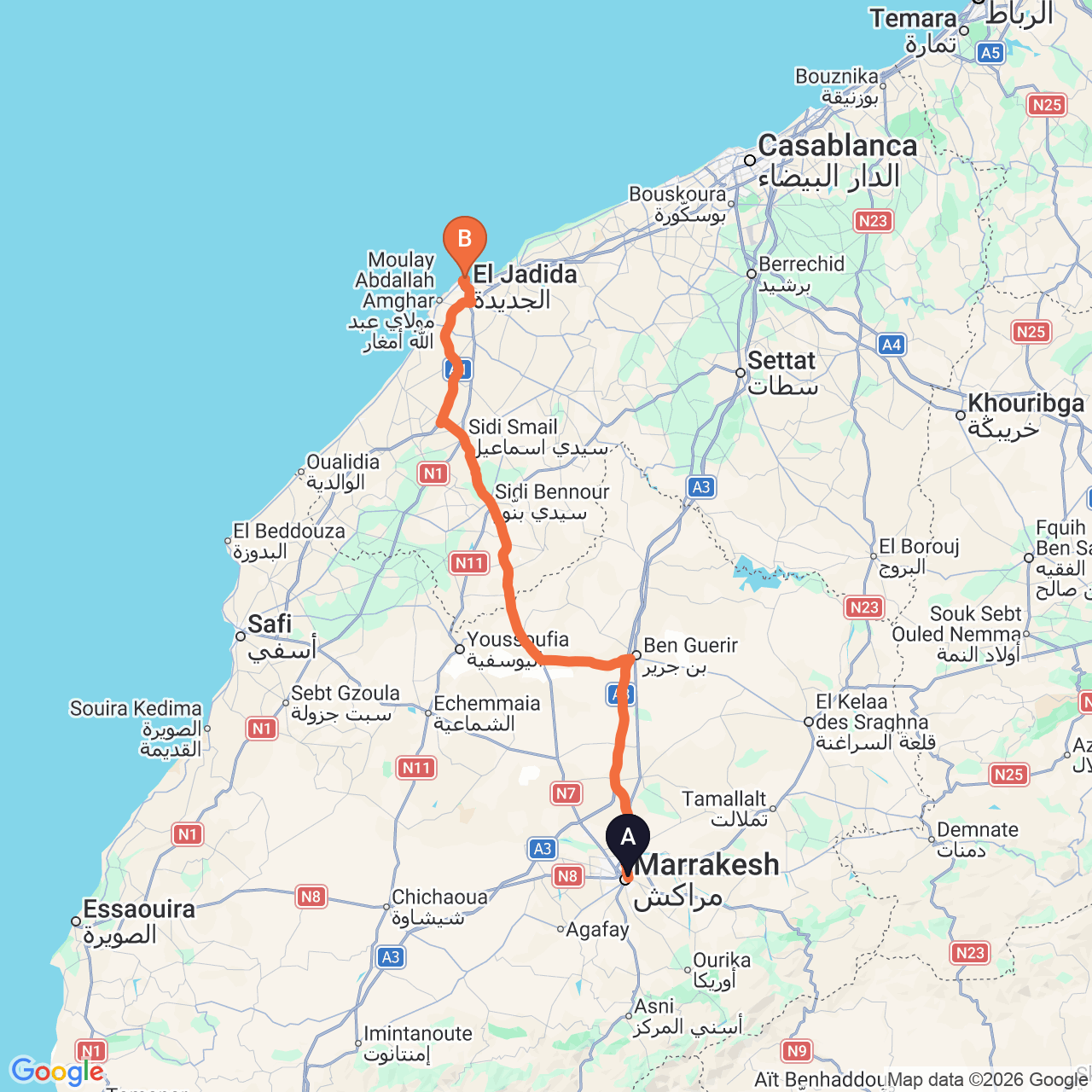 Mapa de la ruta por carretera de Marrakech a El Jadida