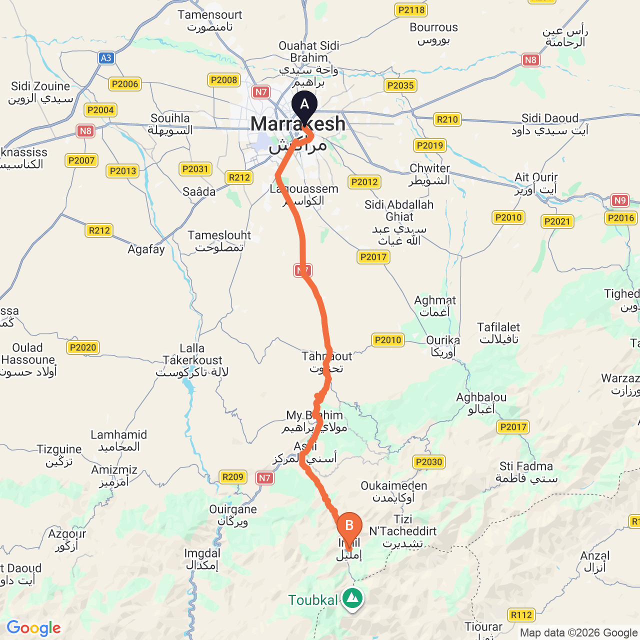 Mapa de la ruta por carretera de Marrakech a Imlil