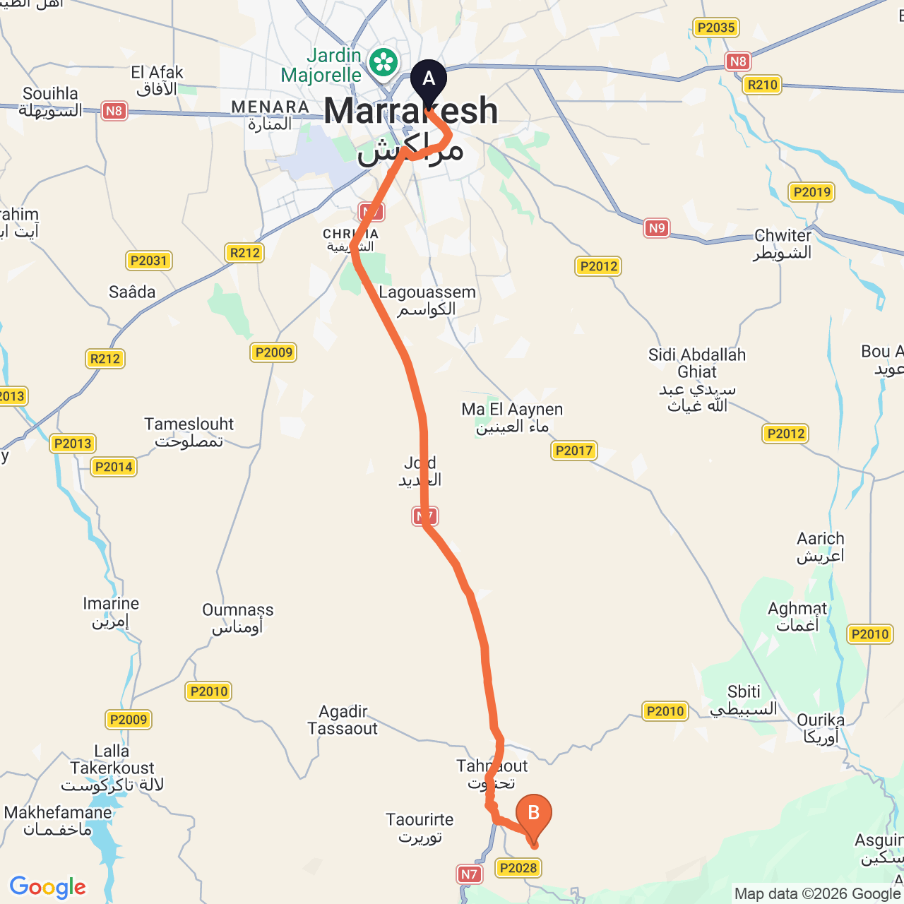 Mapa de la ruta por carretera de Marrakech a Kasbah Tamadot