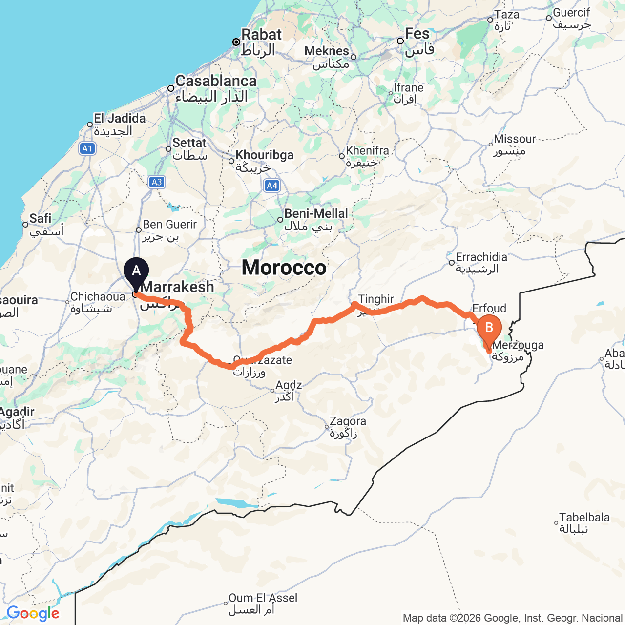 Mapa de la ruta por carretera de Marrakech a Merzouga