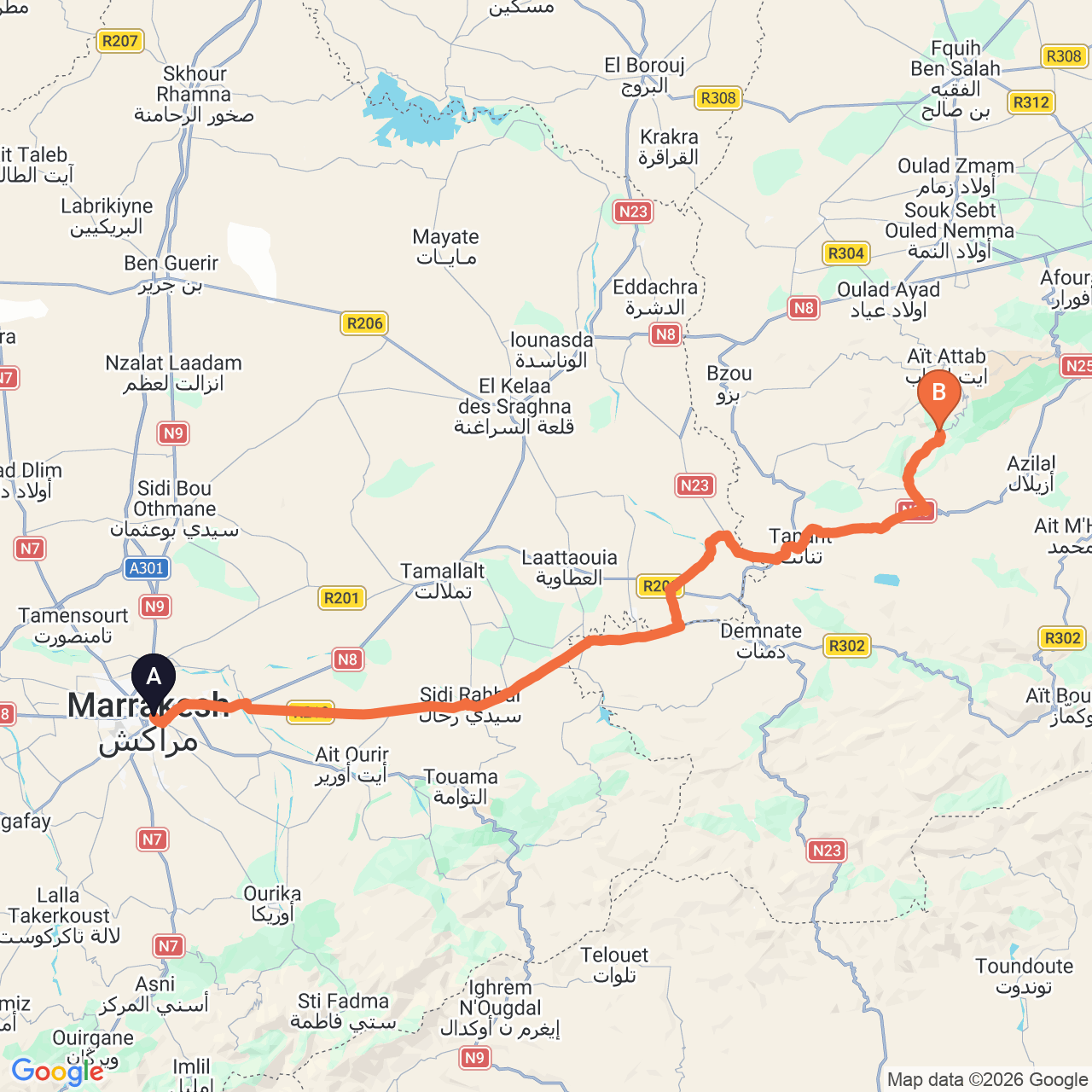 Mapa de la ruta por carretera de Marrakech a Ouzoud Waterfalls