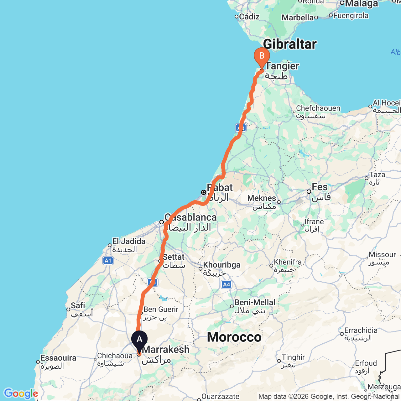 Mapa de la ruta por carretera de Marrakech a Tangier