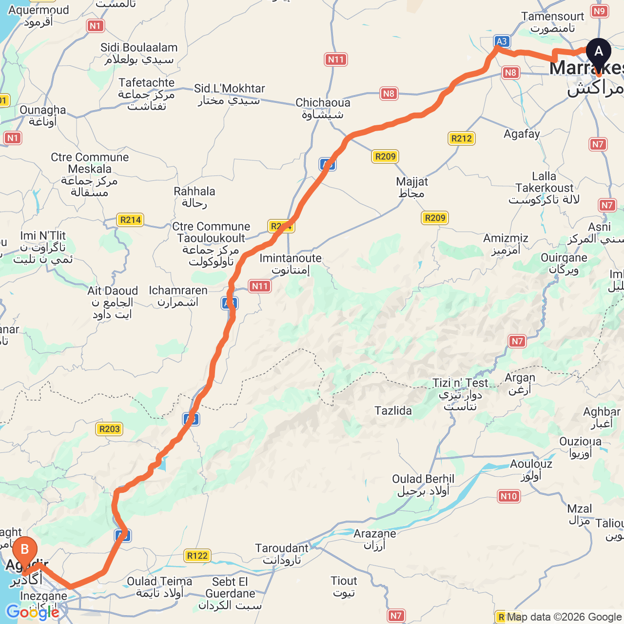 Carte du trajet routier de Marrakech à Agadir