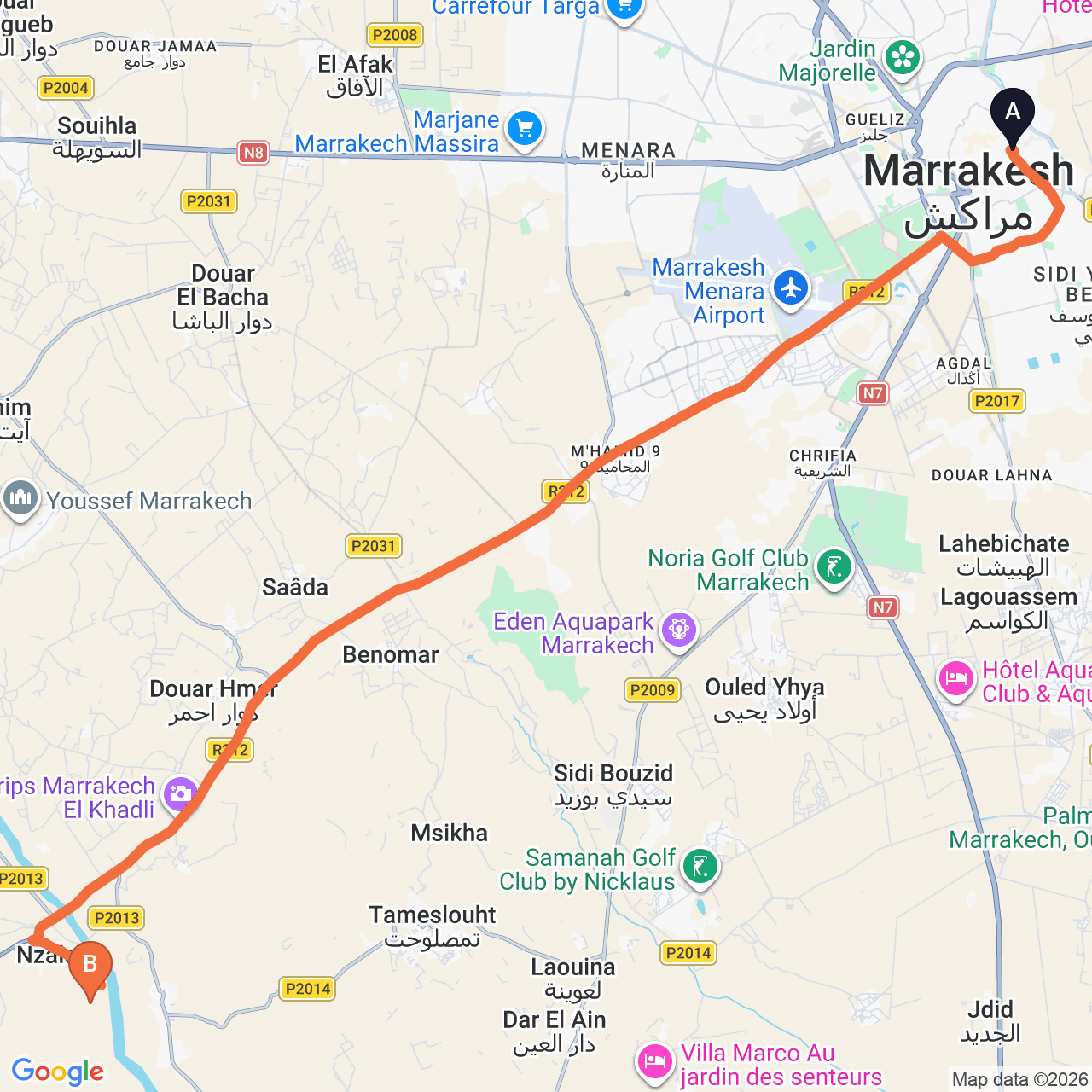 Carte du trajet routier de Marrakech à Agafay