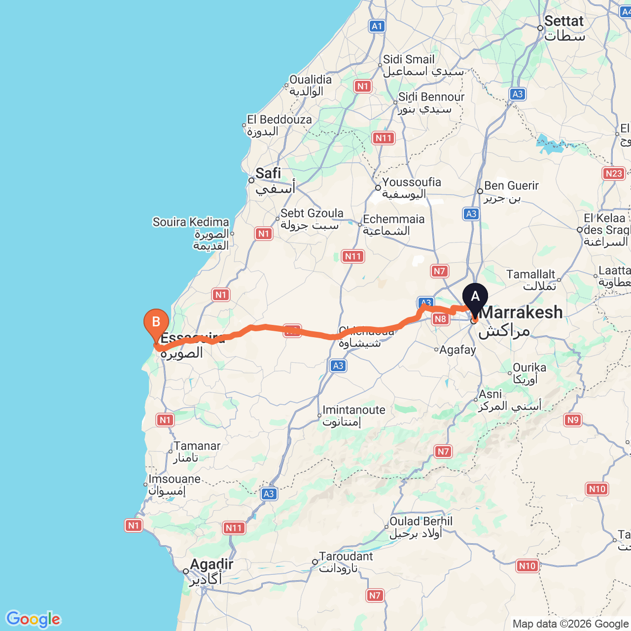 Carte du trajet routier de Marrakech à Essaouira