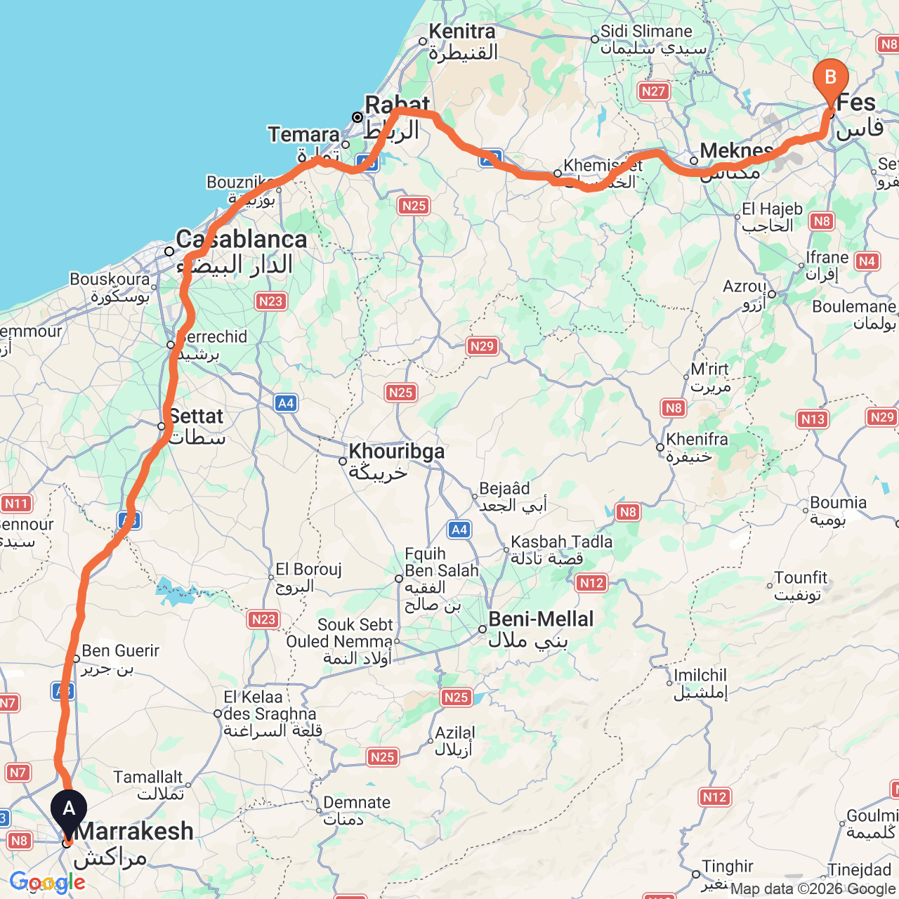 Carte du trajet routier de Marrakech à Fes