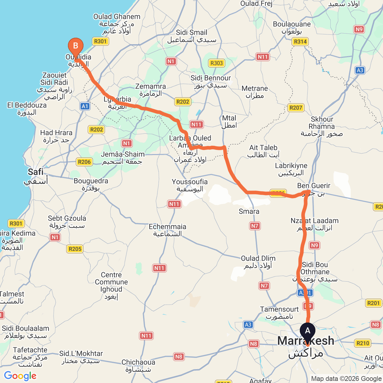 Carte du trajet routier de Marrakech à Oualidia