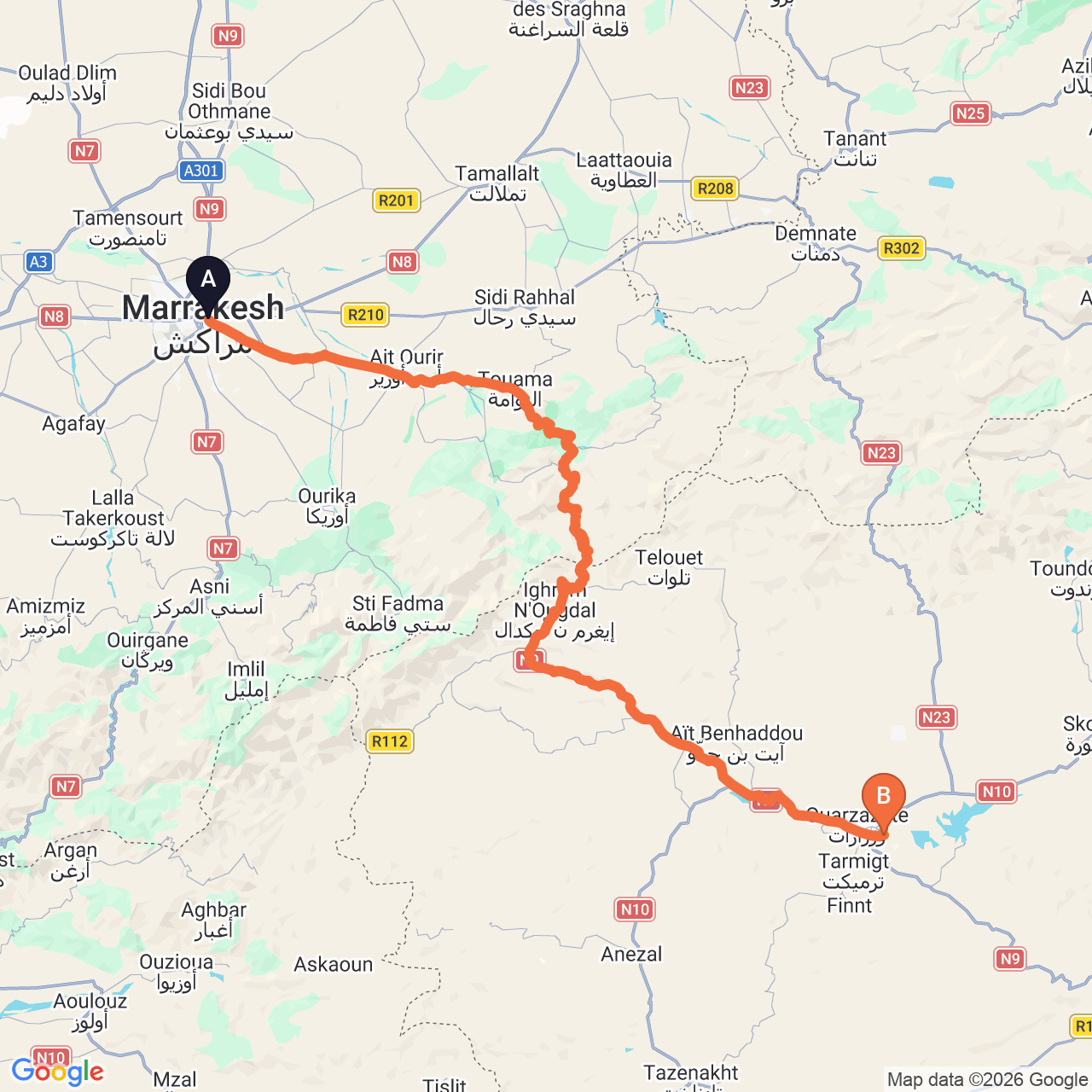 Carte du trajet routier de Marrakech à Ouarzazate