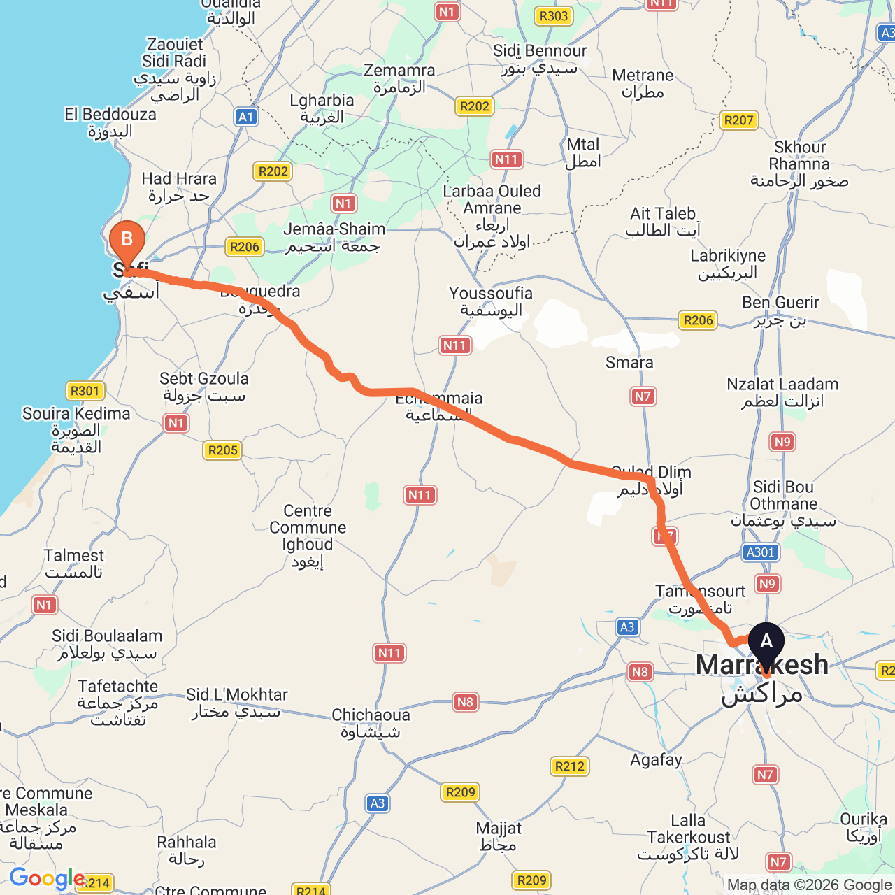 Carte du trajet routier de Marrakech à Safi