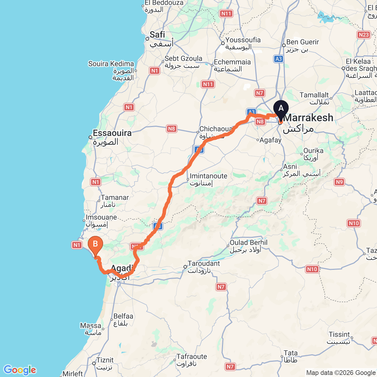 Carte du trajet routier de Marrakech à Taghazout
