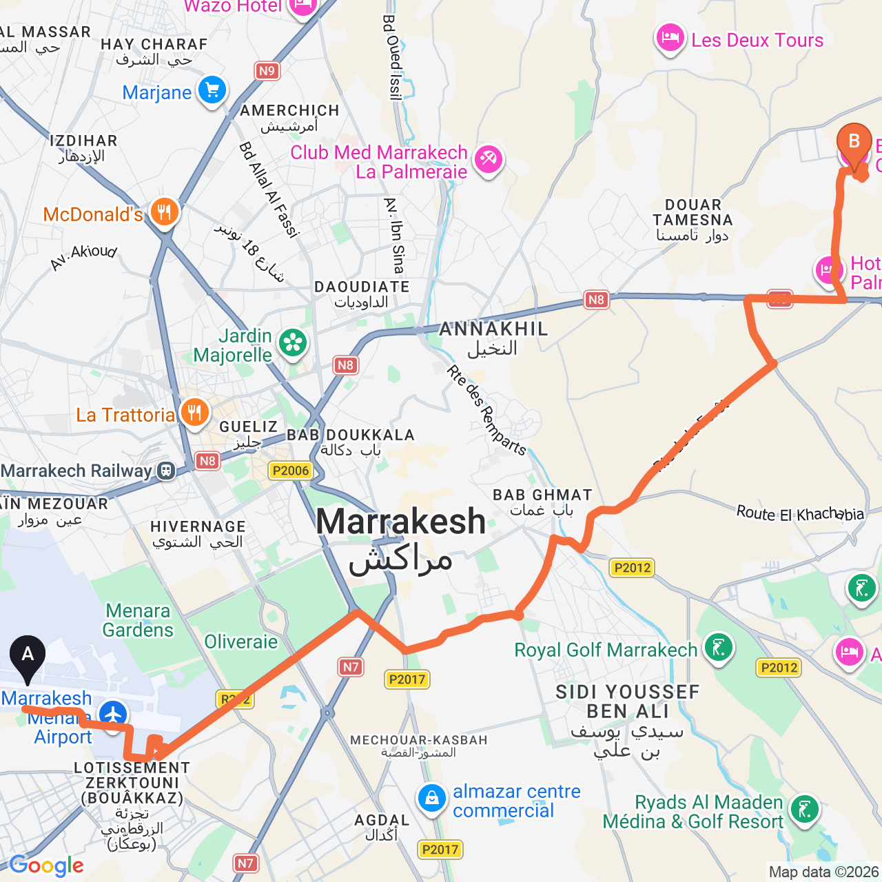 Driving route map from Marrakech Airport to Barceló Palmeraie Oasis Resort