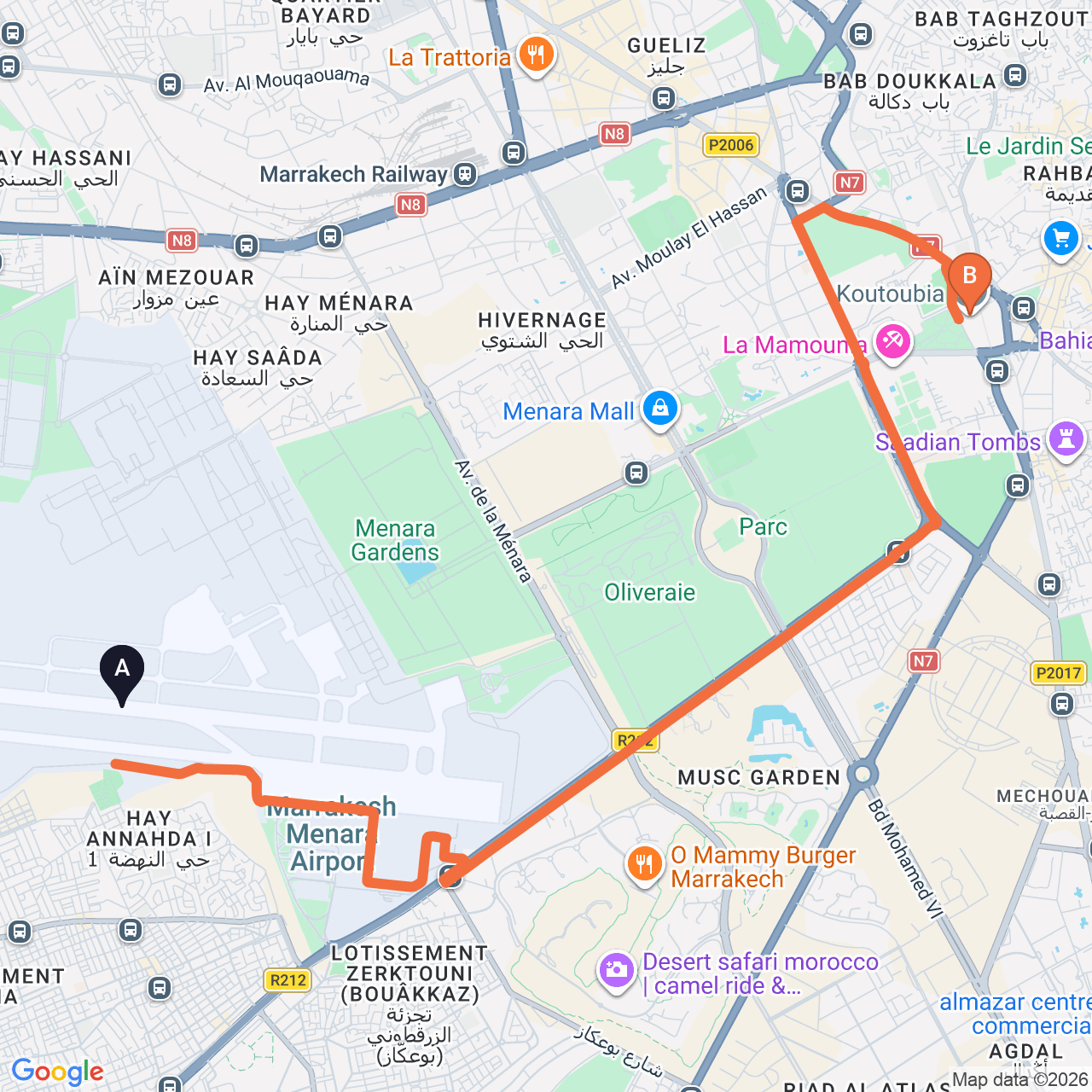 Driving route map from Marrakech Airport to Koutoubia Mosque