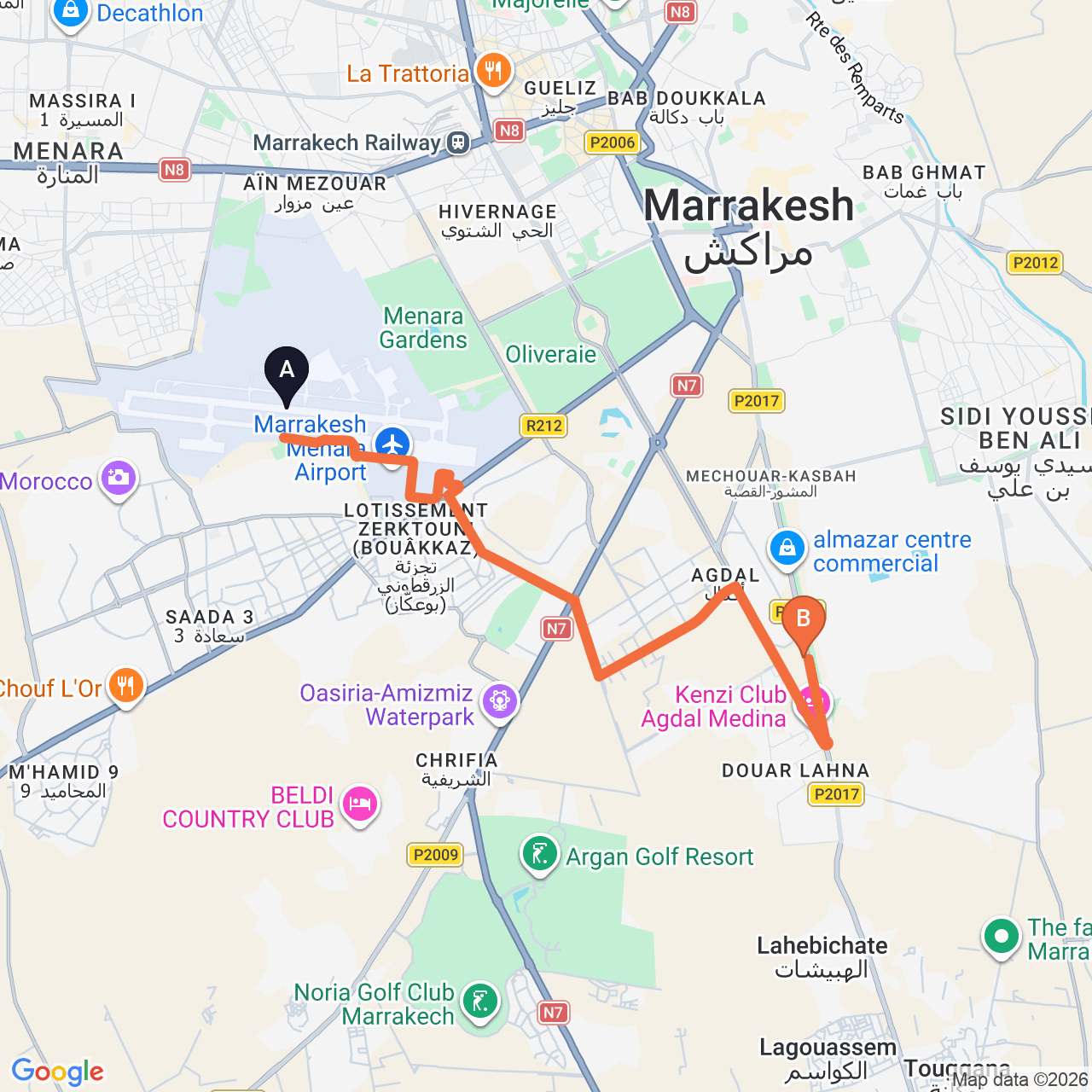 Driving route map from Marrakech Airport to Club Paradisio