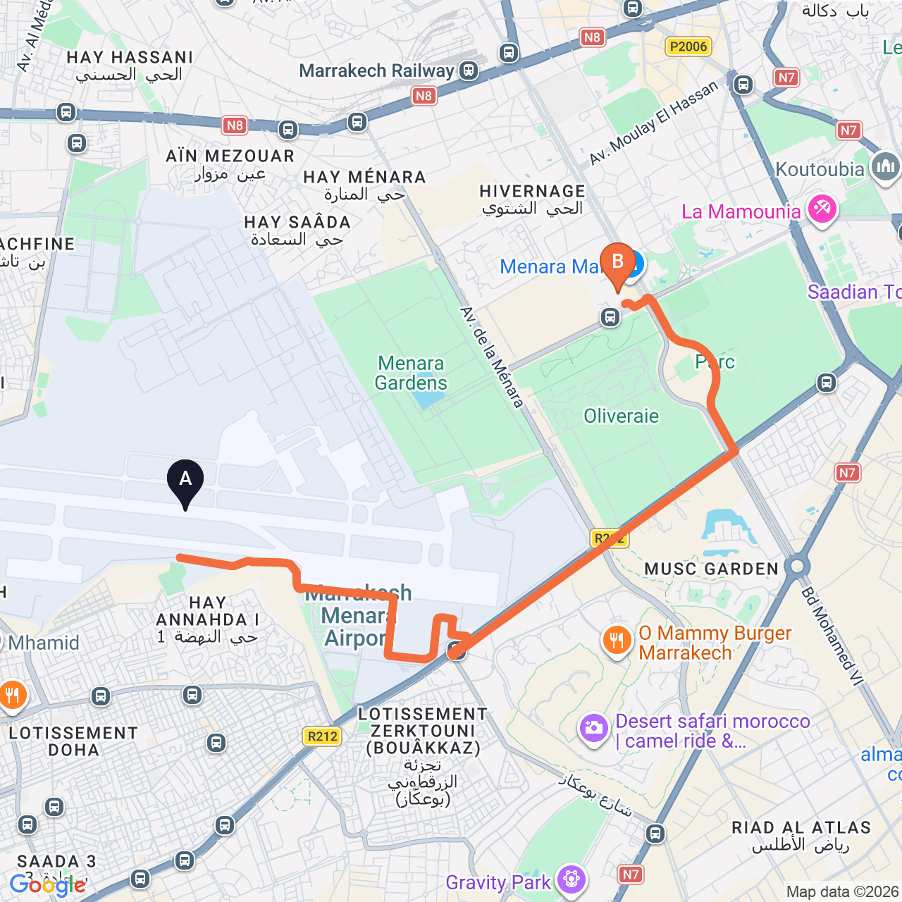 Driving route map from Marrakech Airport to Savoy Le Grand Hotel