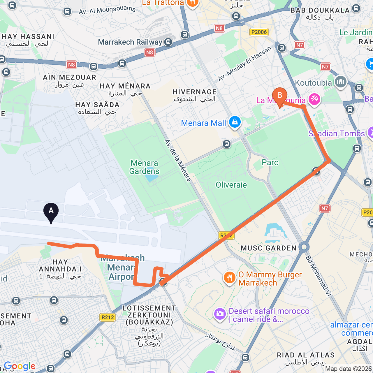 Driving route map from Marrakech Airport to Sofitel Marrakech Palais Imperial