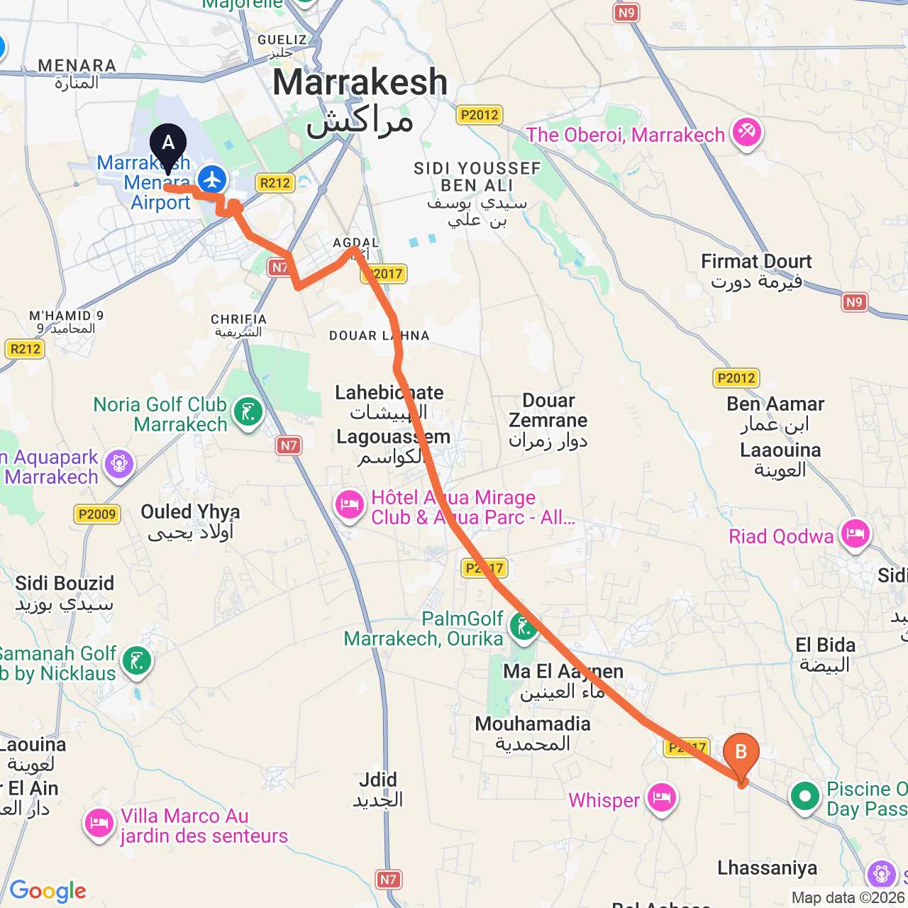 Mapa de la ruta por carretera de Marrakech Airport a Pickalbatros Aqua Fun Club