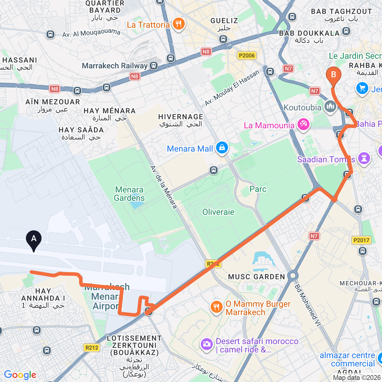 Mapa de la ruta por carretera de Marrakech Airport a El Fenn