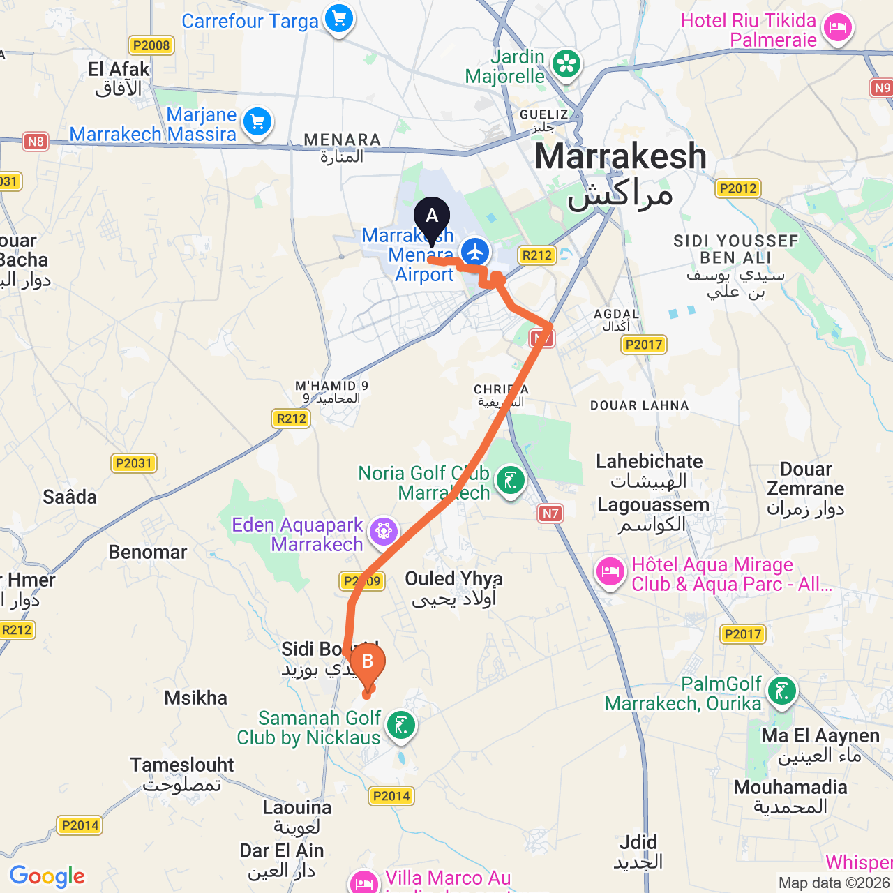 Mapa de la ruta por carretera de Marrakech Airport a Fairmont Royal Palm