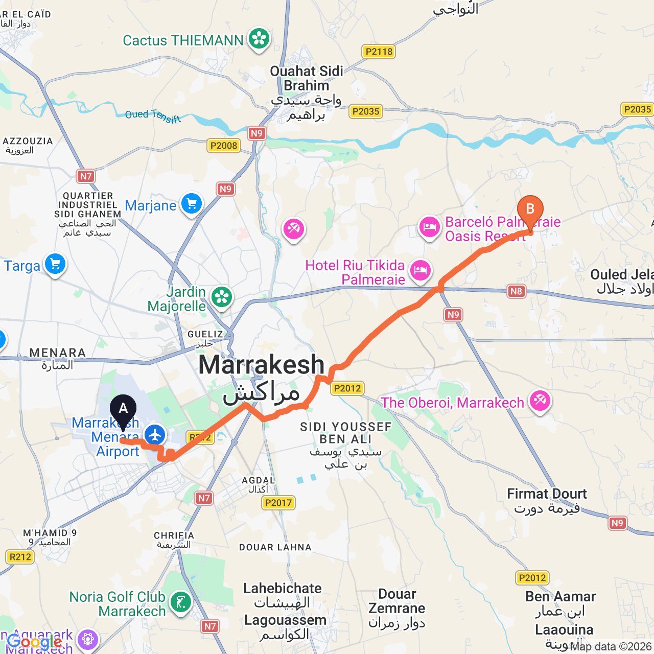 Mapa de la ruta por carretera de Marrakech Airport a Iberostar Waves Club Palmeraie