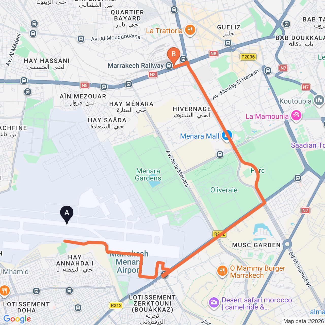 Mapa de la ruta por carretera de Marrakech Airport a ibis Marrakech Centre Gare