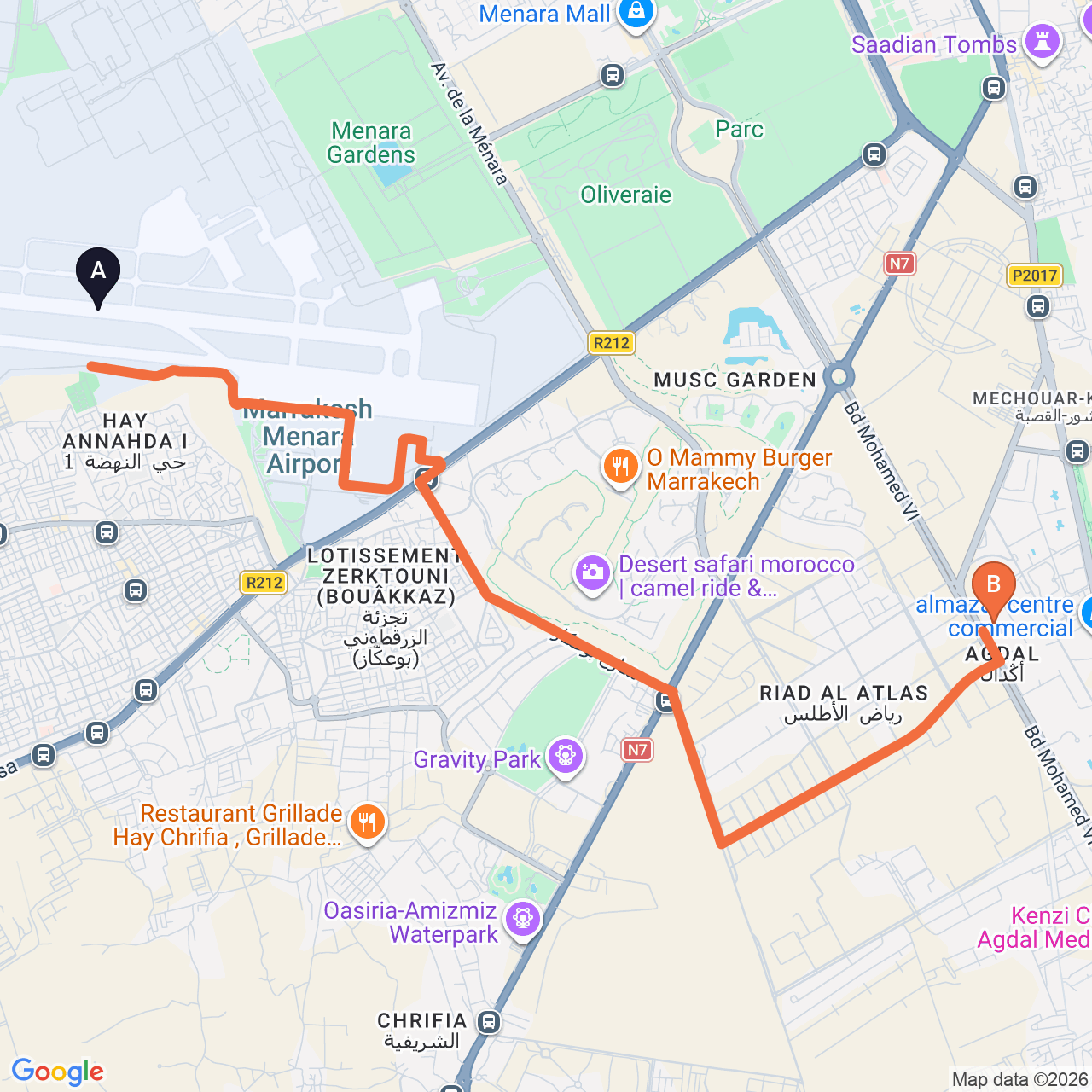 Mapa de la ruta por carretera de Marrakech Airport a Jaal Riad Resort