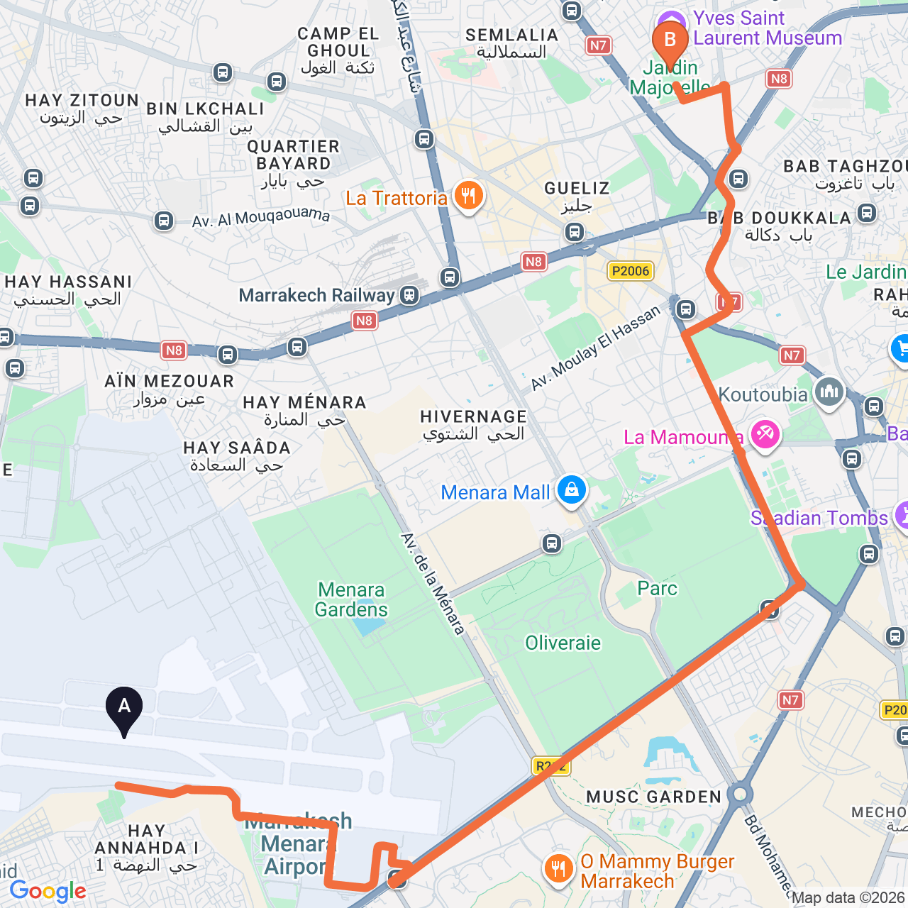 Mapa de la ruta por carretera de Marrakech Airport a Jardín Majorelle