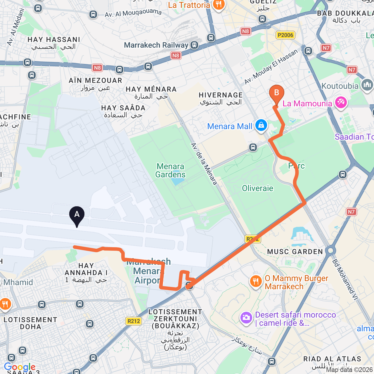 Mapa de la ruta por carretera de Marrakech Airport a Kenzi Rose Garden