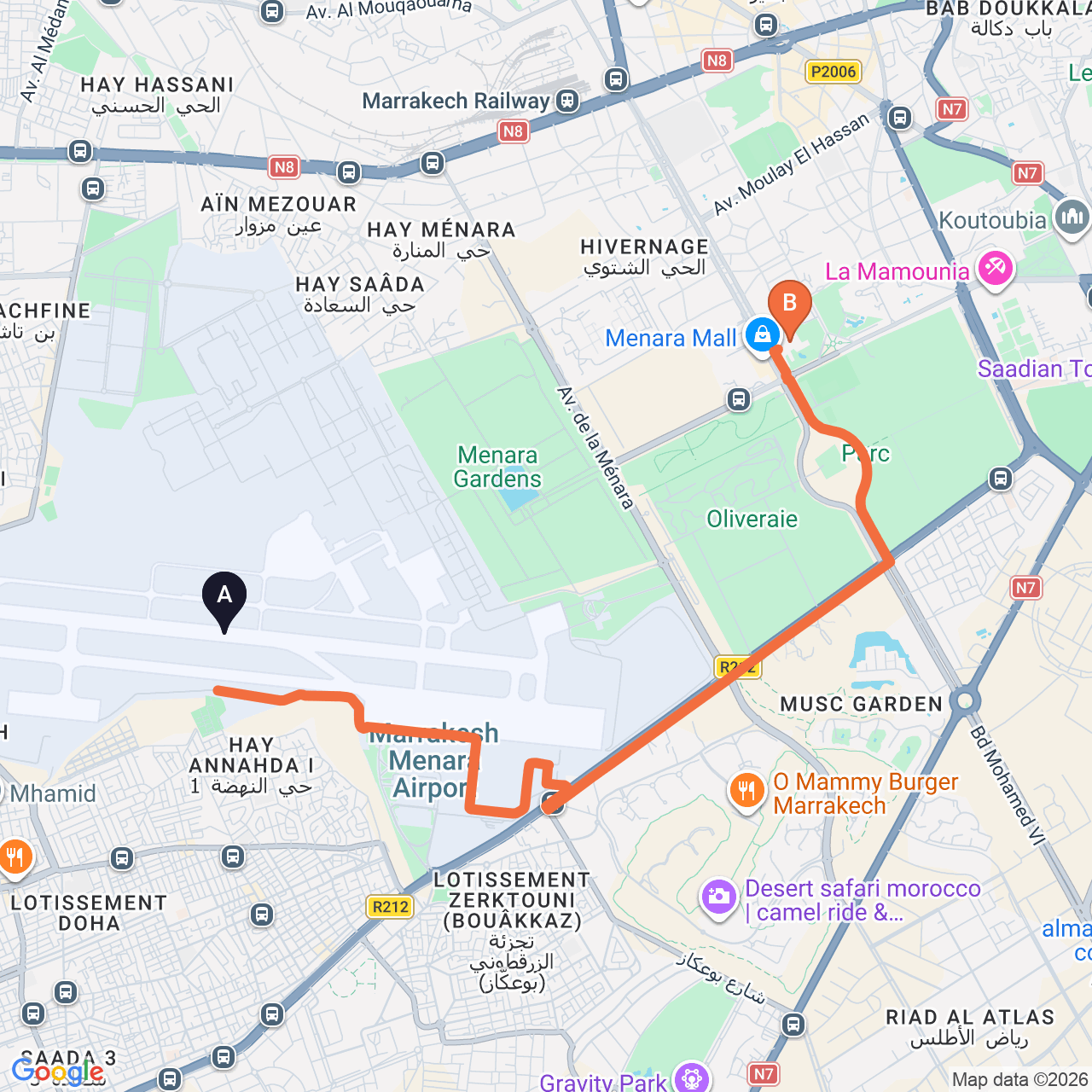 Mapa de la ruta por carretera de Marrakech Airport a Le Méridien N'Fis