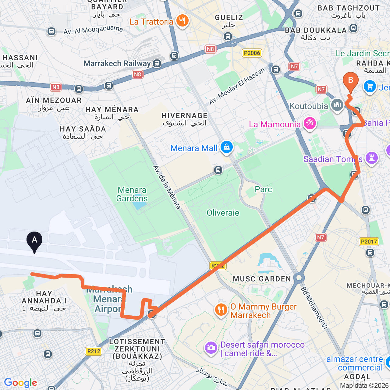 Mapa de la ruta por carretera de Marrakech Airport a Les Jardins de la Koutoubia