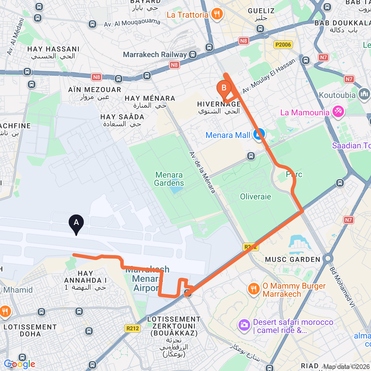 Mapa de la ruta por carretera de Marrakech Airport a Mövenpick Mansour Eddahbi