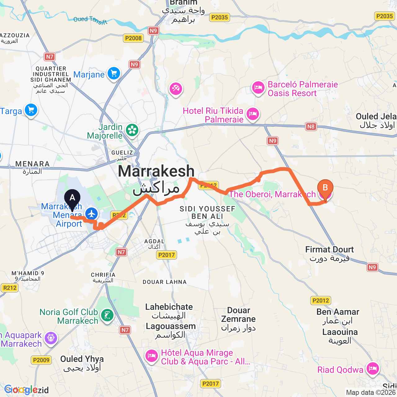 Mapa de la ruta por carretera de Marrakech Airport a The Oberoi Marrakech