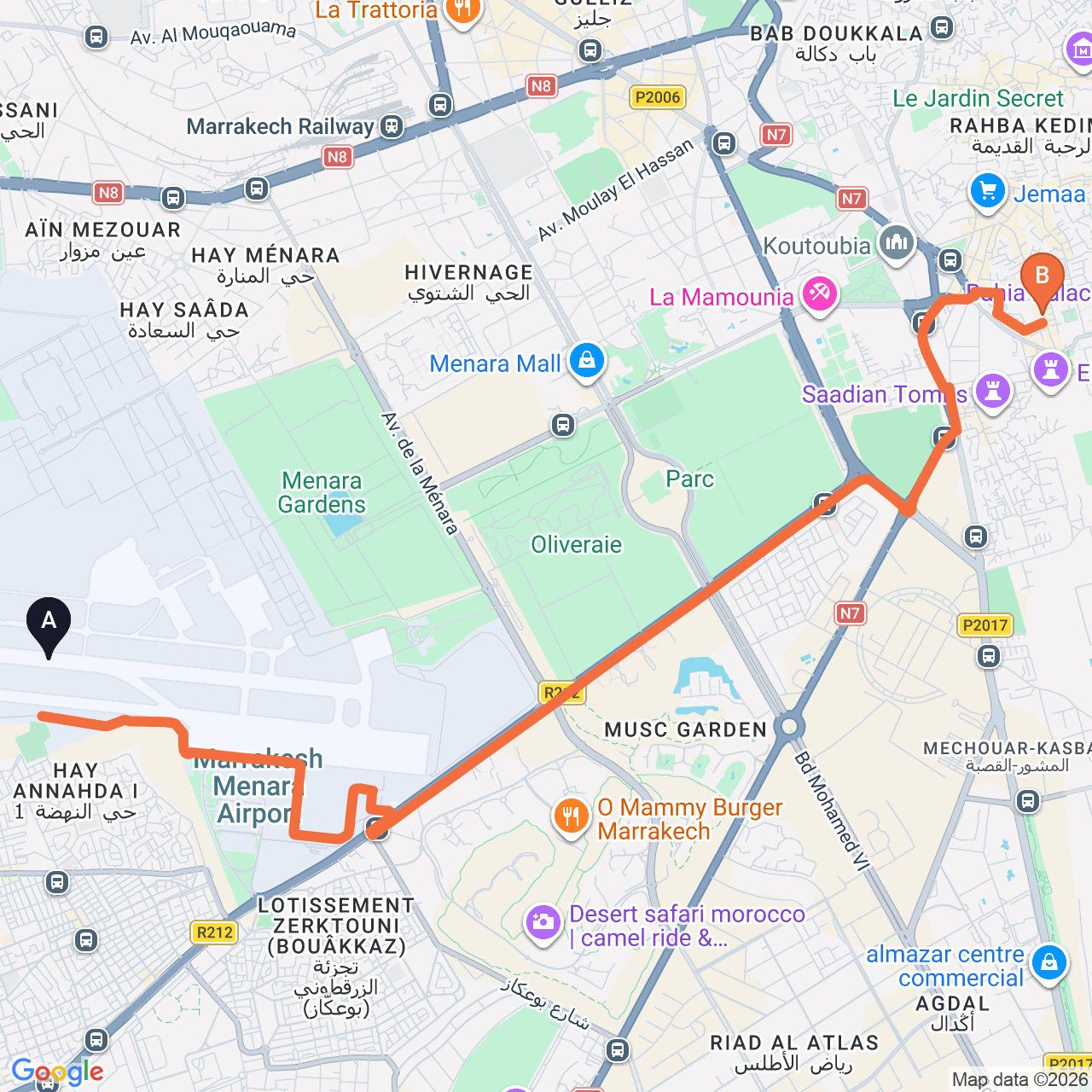 Mapa de la ruta por carretera de Marrakech Airport a Palais Moulay Said
