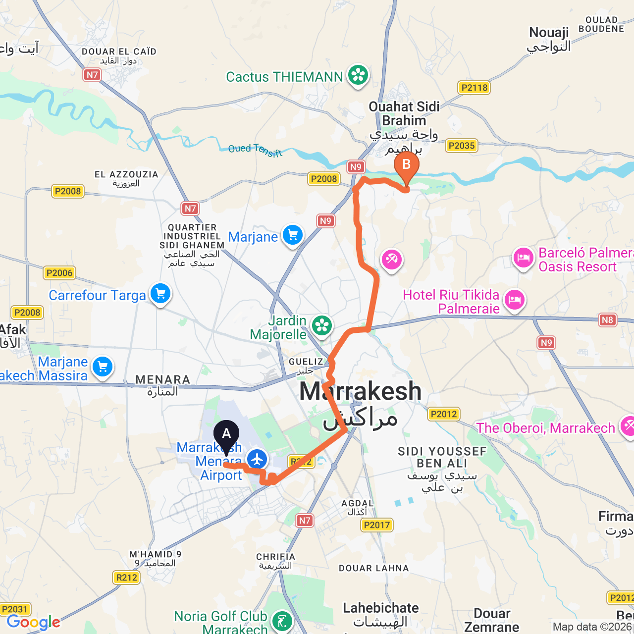 Mapa de la ruta por carretera de Marrakech Airport a Pickalbatros Hôtel du Golf