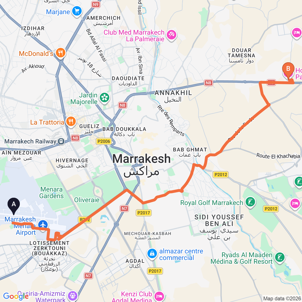 Mapa de la ruta por carretera de Marrakech Airport a Riu Tikida Palmeraie
