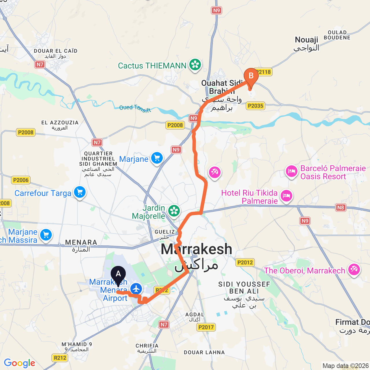 Mapa de la ruta por carretera de Marrakech Airport a Sol Oasis Marrakech