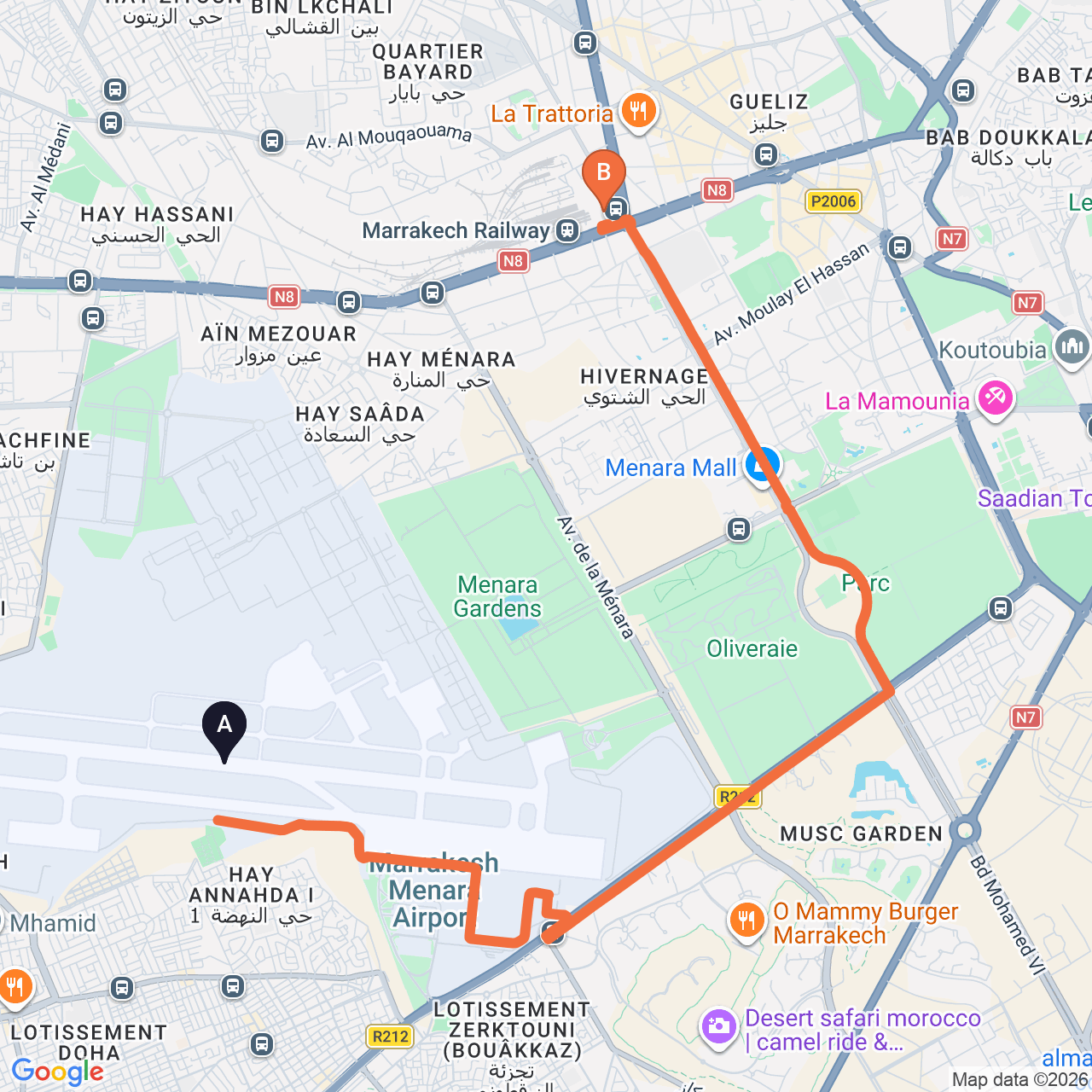 Mapa de la ruta por carretera de Marrakech Airport a Estación de tren de Marrakech