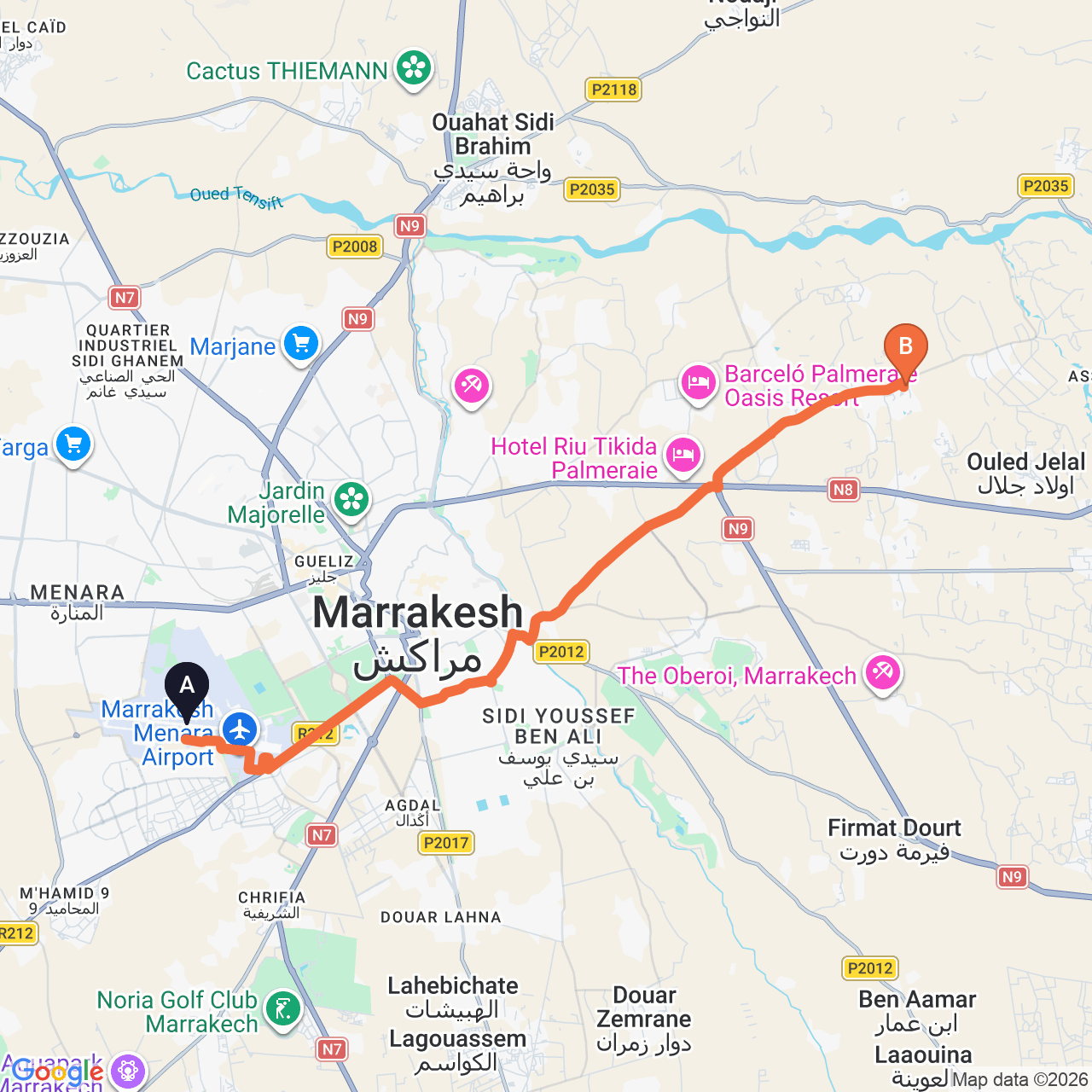 Mapa de la ruta por carretera de Marrakech Airport a Valeria Dar Atlas Club Resort