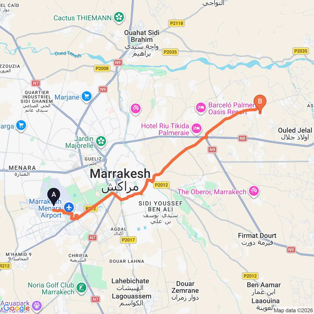 Mapa de la ruta por carretera de Marrakech Airport a Valeria Madina Club