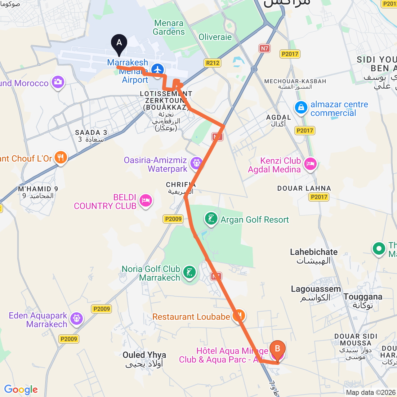 Carte du trajet routier de Marrakech Airport à Aqua Mirage Club