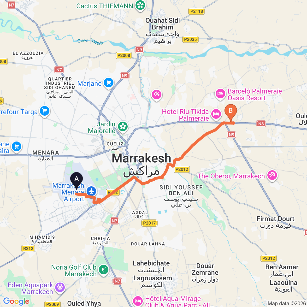 Carte du trajet routier de Marrakech Airport à Be Live Experience Marrakech Palmeraie