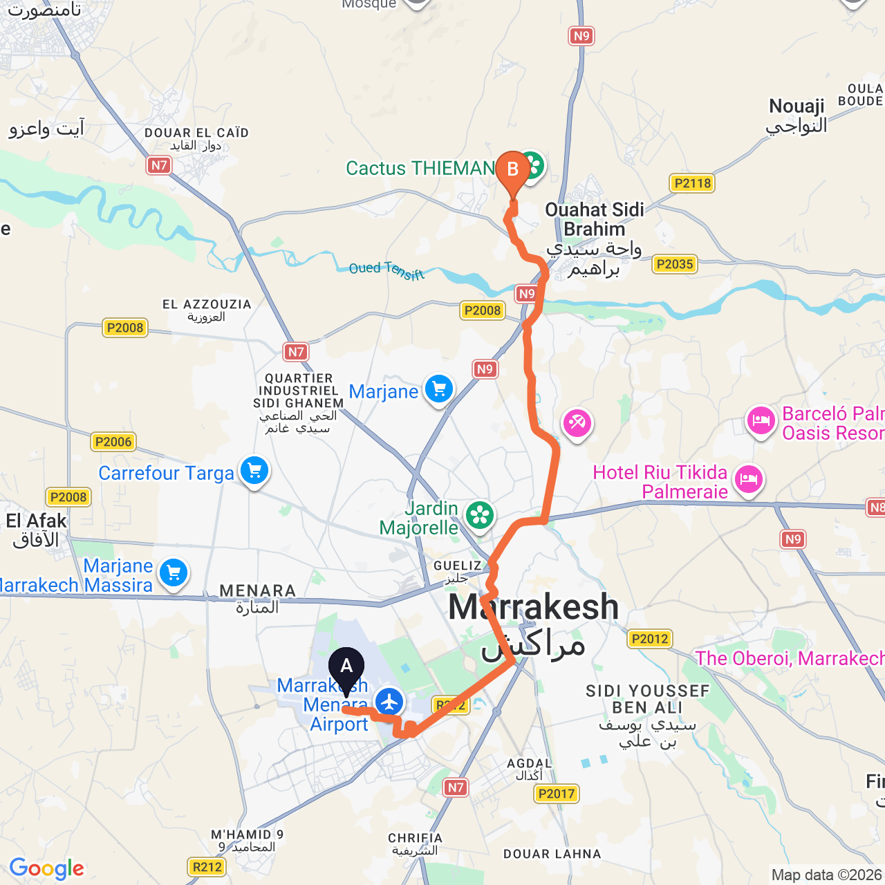 Carte du trajet routier de Marrakech Airport à Pickalbatros Sungo Club