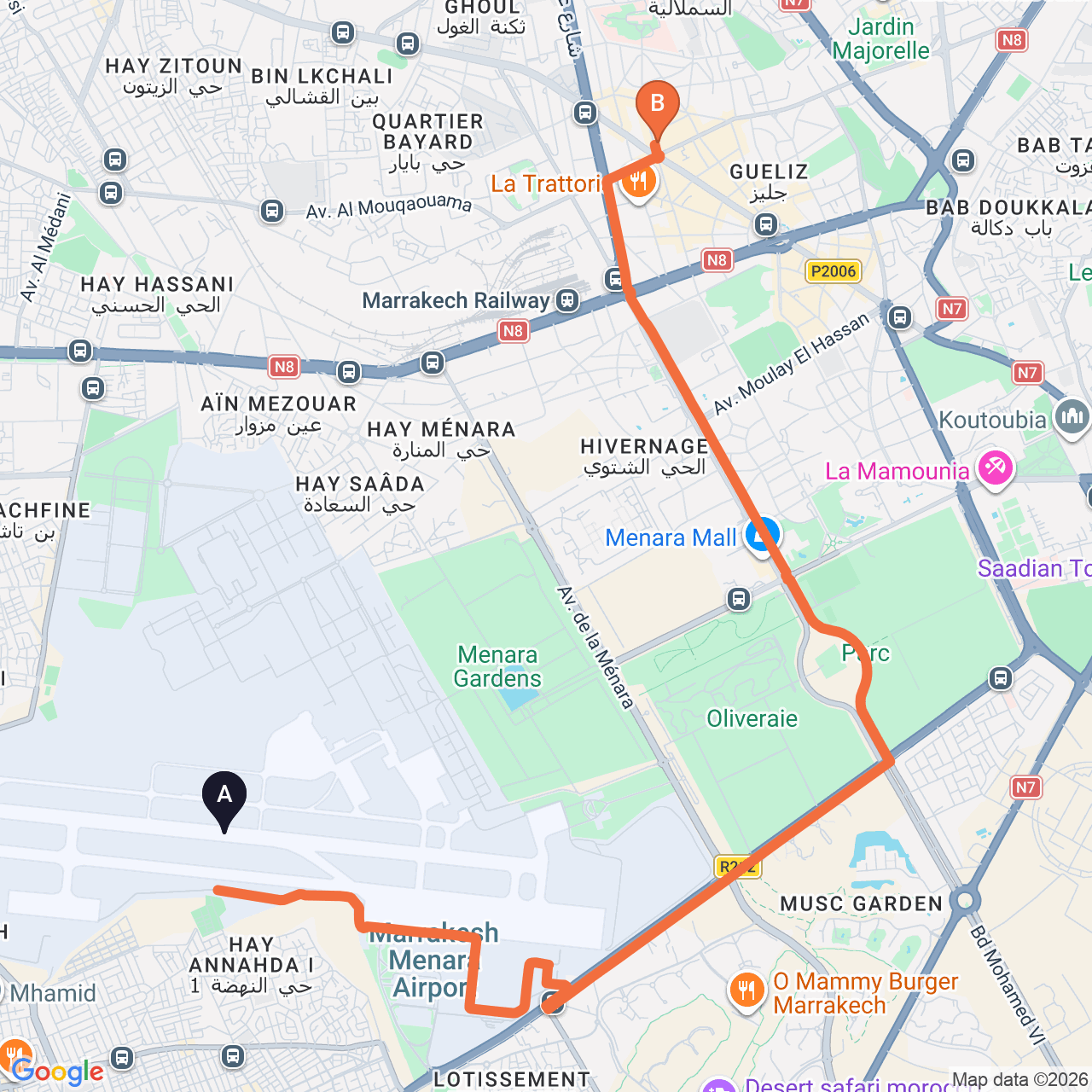 Carte du trajet routier de Marrakech Airport à Diwane Hotel & Spa