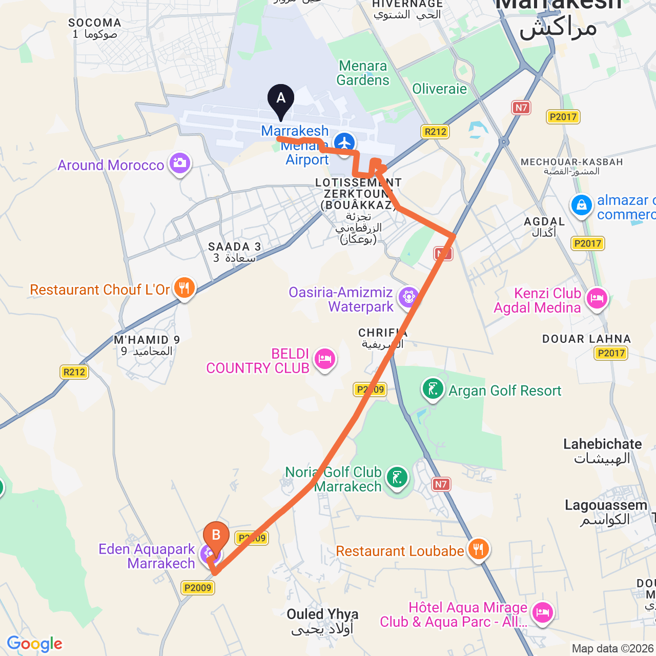 Carte du trajet routier de Marrakech Airport à Delta Hotels Marrakech Eden Andalou