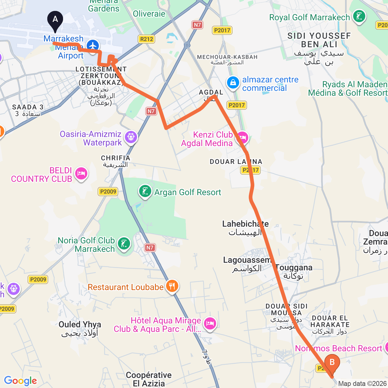 Carte du trajet routier de Marrakech Airport à El Olivar Palace