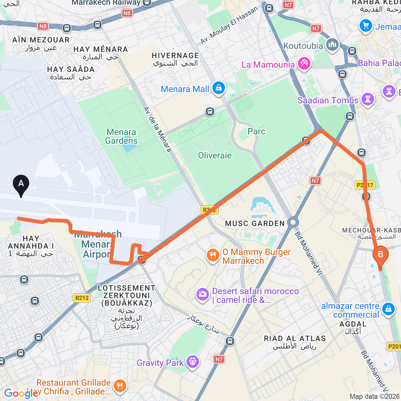 Carte du trajet routier de Marrakech Airport à Grand Mogador Agdal