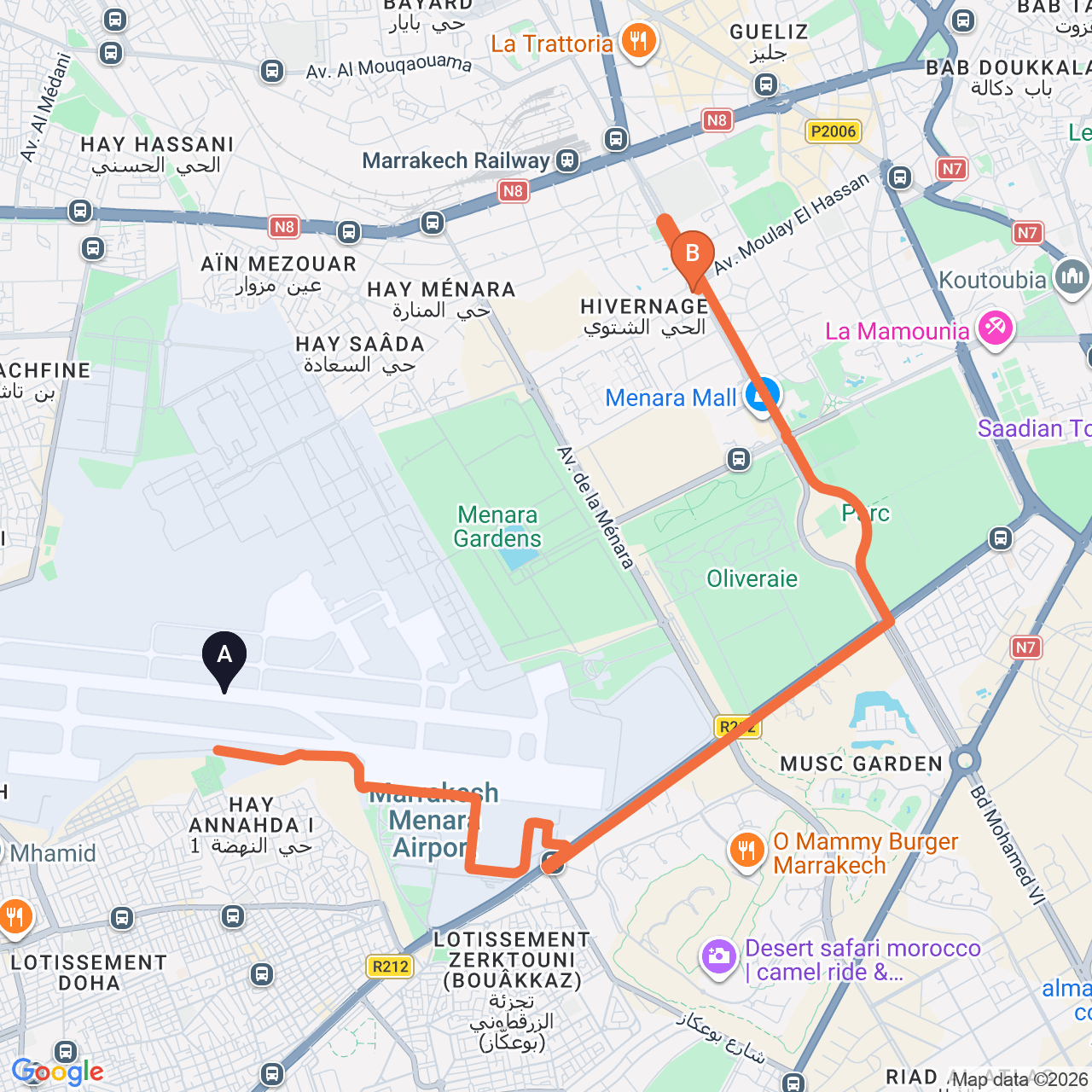 Carte du trajet routier de Marrakech Airport à Grand Mogador Menara